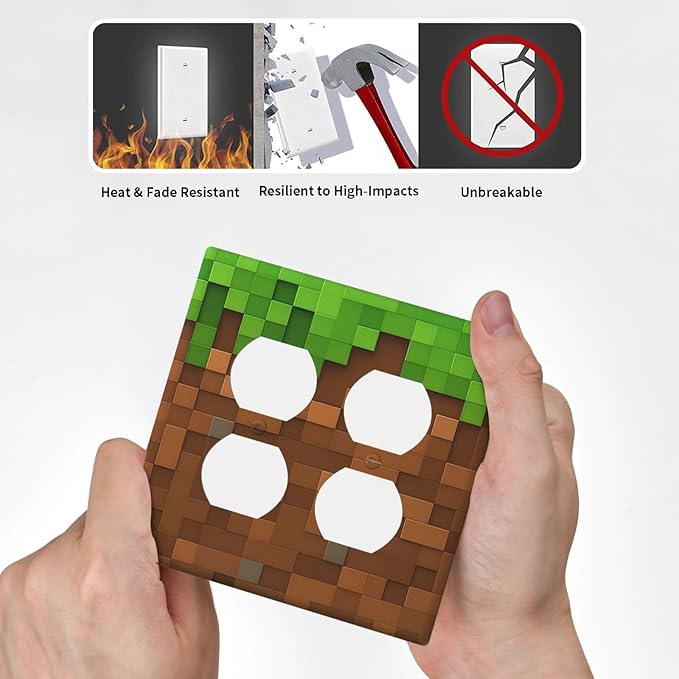 Pixel Style Gamer Themed Grass Block Outlet Covers 2 Gang Double Duplex Decorative Light Switch Covers Electrical Wallplates Socket Faceplate for Kids Room Office Home Decor