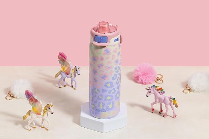 Ello Pop & Fill 18oz Stainless Steel Kids Water Bottle with Quick Fill Lid | Vacuum Insulated BPA Free Bottle with Leak Proof Straw and Chug Lid, Dishwasher Safe, Gift For Kids Teens, Cheetah