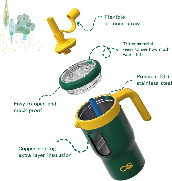 OISIZ 14oz Kids Tumbler with Straw Lid & Handle,Kids Cup with Animal Accessory for School,Kids Water Bottles with Dust-proof Cover,Leakproof Water Bottles,316 Stainless Steel,Keep Cold 24 Hours-green