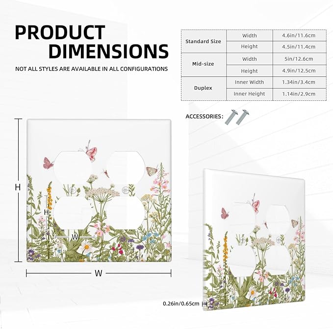 Colorful Butterfly Floral Plants Flower Vine Outlet Covers 2 Gang Double Duplex Decorative Light Switch Covers Electrical Wallplates Socket Faceplate for Bed Room Living Room Decor