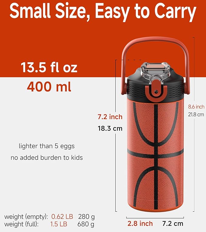 MYFOREST 14oz/400ml Insulated Kids Water Bottle, Odor-Free Surgical Grade Liner, Dishwasher-Safe, Name Spot, Soft Sipper, Gift for Sports Fan (Basketball)