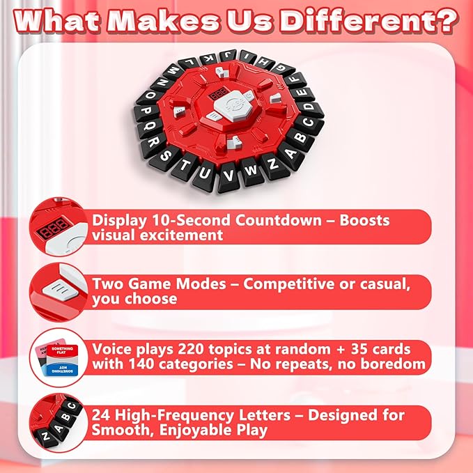 Resflycheng Word Game Family Board Game with Digital Display Timer and 2 Categories Modes Fun Fast-Paced 24-Letter Game for Learning Party Interactive (Red)
