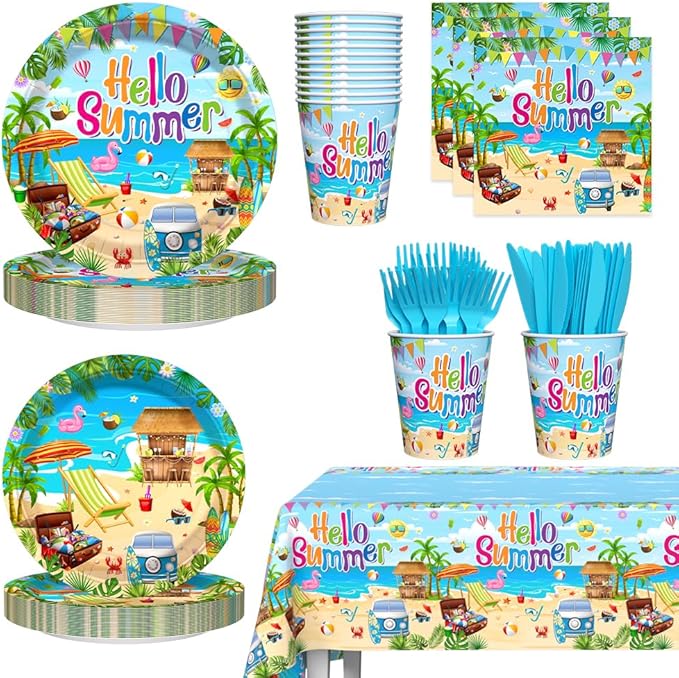 AIBIIN 145PCS Hello Summer Party Decorations Summer Beach Paper Plates Cups and Napkins Sets Hawaiian Theme Party Supplies Disposable Tableware Set with Tablecloth Serves 24 Guests