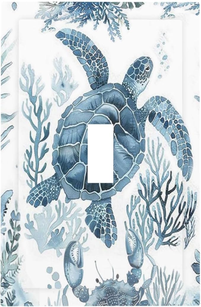 Blue Sea Turtle Coastal Coral Beach Crab Seaweed Decorative Light Switch Cover 1 Gang Single Toggle Device Electrical Faceplate Switchplates Decorator Outlet Wall Plate for Kids Room Bathroom Decor