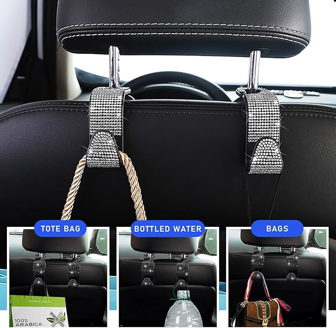 Ohleats 2 PCS Bling Car Seat Headrest Hooks, Crystal Rhinestone Back Seat Hanging Storage Organizer, Vehicle Seat Hanger Holder for Purse Handbag Coat, Interior Car Accessories (Black)