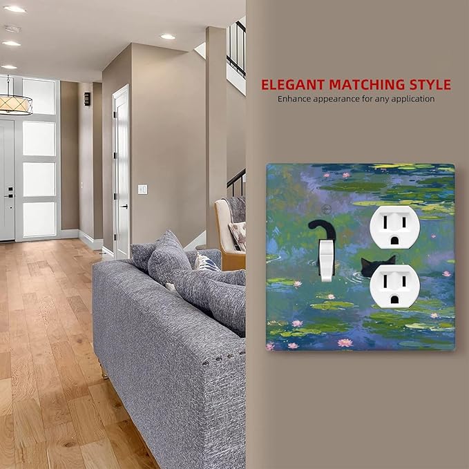 Outlet Covers Cute Black Cat Water Lily Pond Watercolor 2 Gang Decorative Switch Plates 1 Toggle Duplex Combo Light Switch Cover GFCI Socket Cover WallPlates for Kids Room Nursery Decor