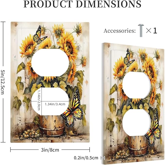 Outlet Covers Rustic Vintage Sunflower Bouquet Butterfly 1 Gang Duplex Electrical Receptacle Faceplate Light Switch Cover Wall Plate Decorative Switch Plates for Farmhouse Cabin Decor