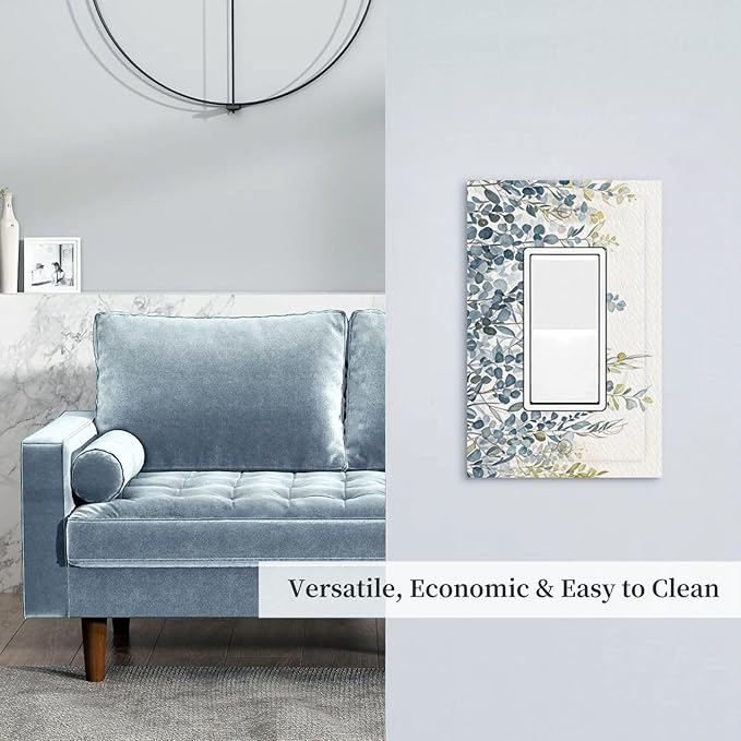 Decorative Light Switch Cover Plate with Green & Blue Watercolor Eucalyptus Botanical Foliage Design 1 Gang Rocker Outlet Covers Single Decora Gfci Device Wall Plate for Living Room
