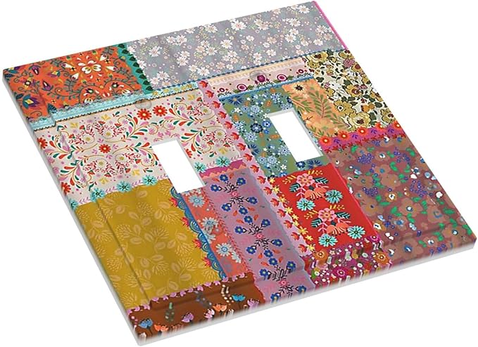 Light Switch Cover Boho Patchwork Bohemian Stitching Colorful Floral 2 Gang Wall Plate Double Light Switch Plate Toggle Decorative Outlet Covers Electrical Switchplate for Bathroom Home Decor