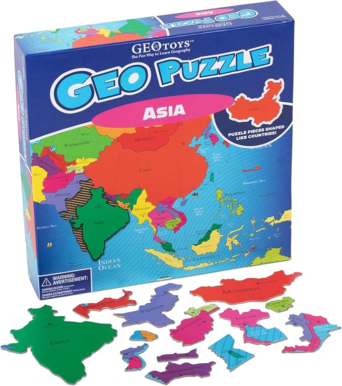 GeoToys GeoPuzzle, Asia Jigsaw Puzzles, 50 Pc Geography Game & Map Puzzle, Educational Games & Kids Learning Activities, Puzzle Gifts for Children Ages 6-9, Fun Learning Toys for Kids
