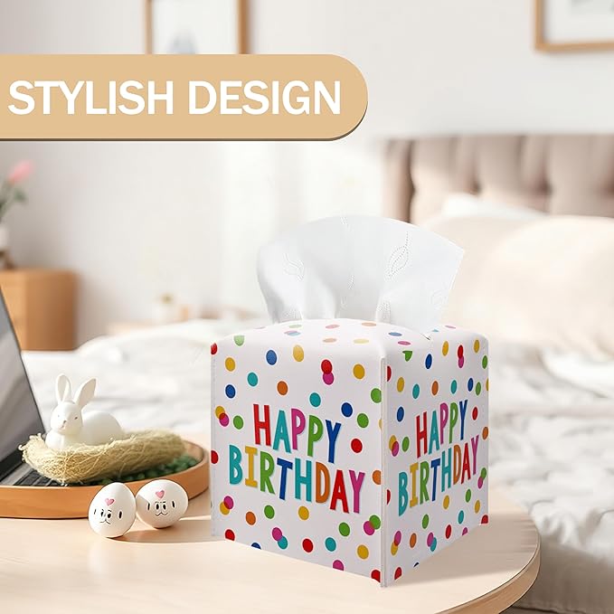 Leather Tissue Box Cover Holder, Watercolor Polka Dots Tissue Box Cover Square with Belt Bottom, Birthday Gifts Idea, Birthday Party Bathroom, Home Office Car Decorations