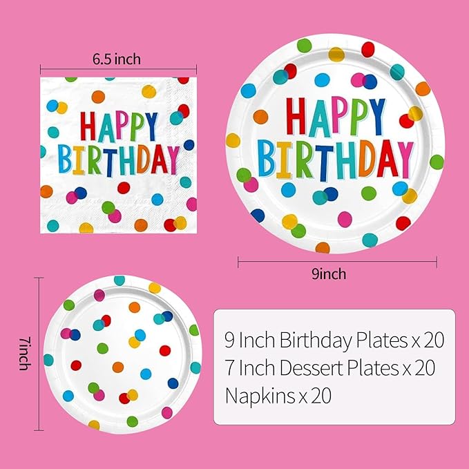 60PCS Happy Birthday Paper Plates and Napkins, Rainbow Dot Party Paper Plates Disposable Birthday Party Decorations Tableware Set for Kids Boys Girls
