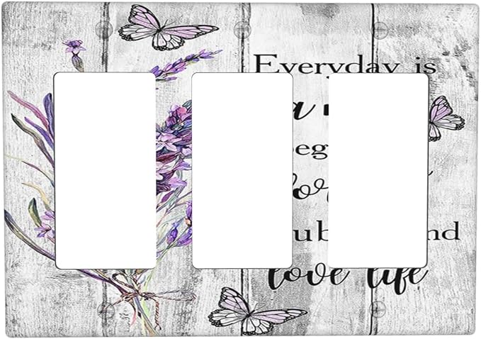 Light Switch Cover Purple Lavender Flower Butterfly on Wood Plank 3 Gang Wall Plate Triple Light Switch Plate Inspirational quotation Floral Rocker GFCI Outlet Covers Decorative Receptacle Cover