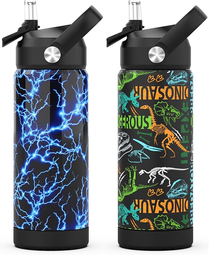 Boys Water Bottle with Straw,18 oz Kids Insulated Cups with Stainless Steel Leak Proof for School,Sport&Travel（2pack，Lightning+Dinosaur）