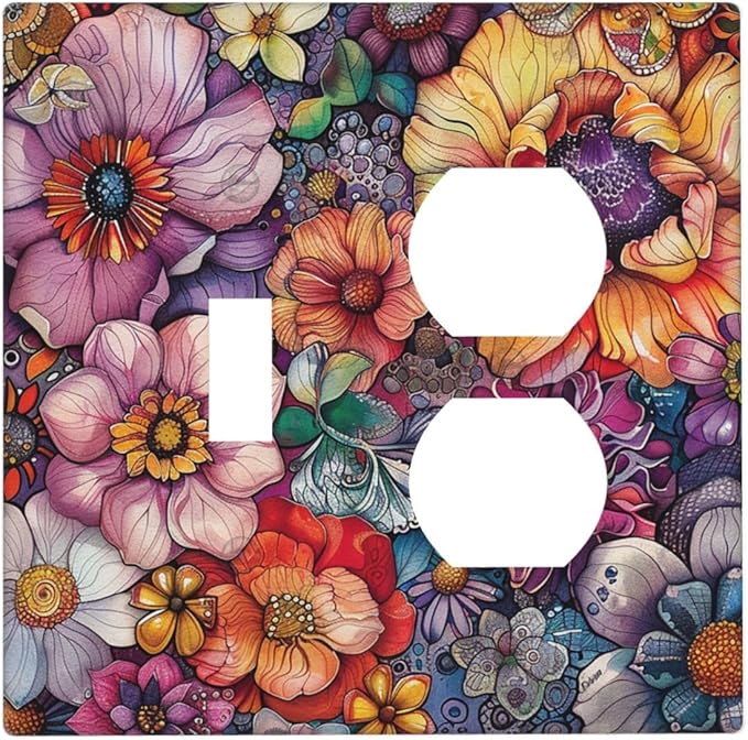 Wallplates Colorful Bohemian Flowers Vintage Boho Floral 1 Toggle 1 Duplex Switch Plate Electrical GFCI Faceplate Decorative Light Switch Covers for Bed Room living Room Decor