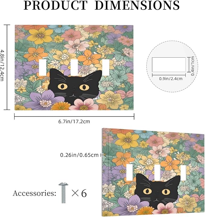 Decorative Switch Plates Funny Cute Cartoon Cat Floral Colorful Flower 3 Gang Wall Plate Triple Toggle Light Switch Cover Faceplate Electrical Wall Panels For Kids Room Nursery Decor