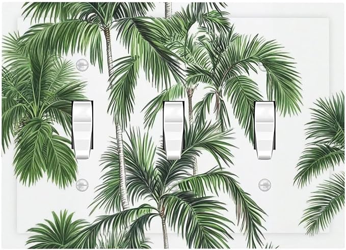Decorative Switch Plates Palm Trees Tropical Green Plant Palm Leaf 3 Gang Wall Plate Triple Toggle Light Switch Cover Faceplate Electrical Wall Panels For Bed Room Bathroom Decor