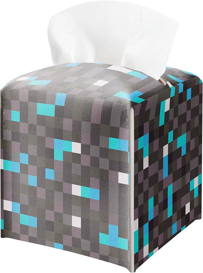 Pixel Diamond Ore Square Leather Tissue Box Cover – Gaming Themed Facial Paper Organizer, Fun Birthday Gift for Kids & Gamers, Decorative Bathroom, Bedroom & Game Room Decor