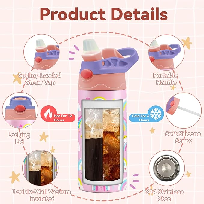 Rainbow Water Bottle for Kids - 12oz Colorful Kids Water Bottle with Straw, Stainless Steel Tumbler, Insulated, Leak-proof, BPA-free, Pop-up Straw Lid, for School - Children Birthday Gift Cup(1pc)