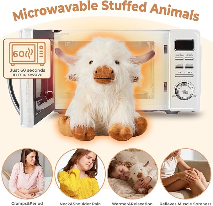 White Highland Cow Microwavable Weighted Stuffed Animals,Lavender Scented Heating Pad for Period Cramps&Pain&Warm,Heatable&Coolable Companion Plushies Toys Gifts for Kids Women