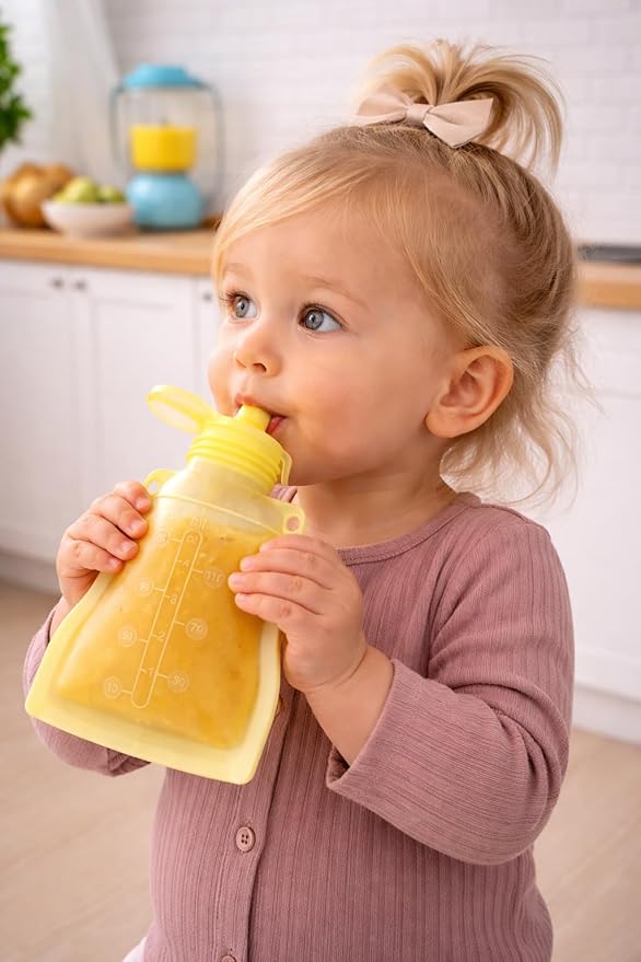 haakaa Silicone Yummy Pouch 4.5 oz – Reusable Silicone Snack & Smoothie Pouch, Refillable, Leak-Resistant, Dishwasher Safe, Eco-Friendly Food Storage for Babies Kids & Toddlers (2-PK, Lemon)