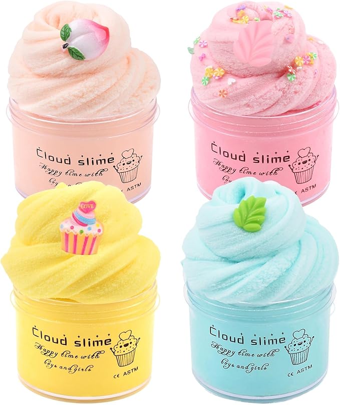 4 Pack Cloud Slime Kit, DIY Stress Relief Toy with Cute Slime Fun Charms, for Kids Party Favors, Girls Boys Birthday Gift