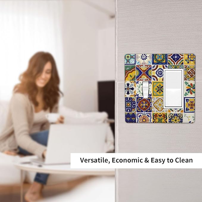 Boho Mandala Mosaic Ceramic Tile 2 Gang Combination Single Toggle/Decorator Wall Plate Yellow/Blue/Green Mexican Tile Combo 1-Toggle 1-GFCI/Rocker Outlet Light Switch Dimmer Receptacle Faceplate Cover