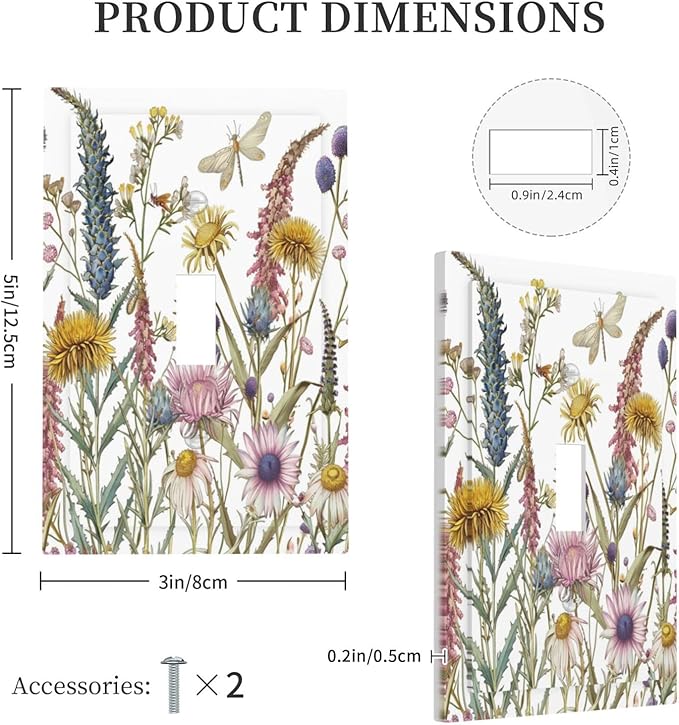 Light Switch Cover Plate Botanical Wildflowers Dragonfly Colorful Floral 1 Gang Single Toggle Decorative Switch Plates Wall Plates Electrical Faceplate for Bathroom Bedroom Decor