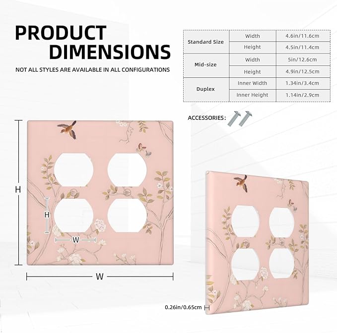 Pink Background Flowers Bird Butterflies Floral Outlet Covers 2 Gang Double Duplex Decorative Light Switch Covers Electrical Wallplates Socket Faceplate for Bedroom Living Room Decor
