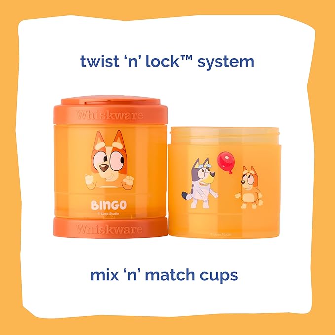 Whiskware Bluey Stackable Snack Containers for Kids and Toddlers, 3 Stackable Snack Cups for School and Travel, Bluey and Bingo, Hooray(Pack of 1)