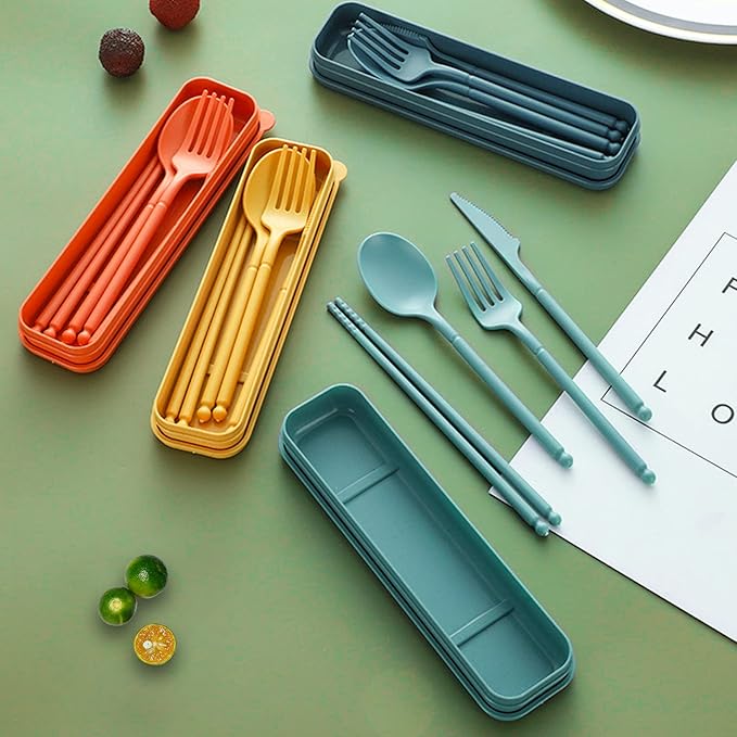 Camping Utensil Set, Reusable Utensils Set with Case, Plastic Cutlery Set Forks Spoon Tableware Chopsticks, Portable Cutlery Set for Travel Picnic Camping or Daily Use (Dark Blue)