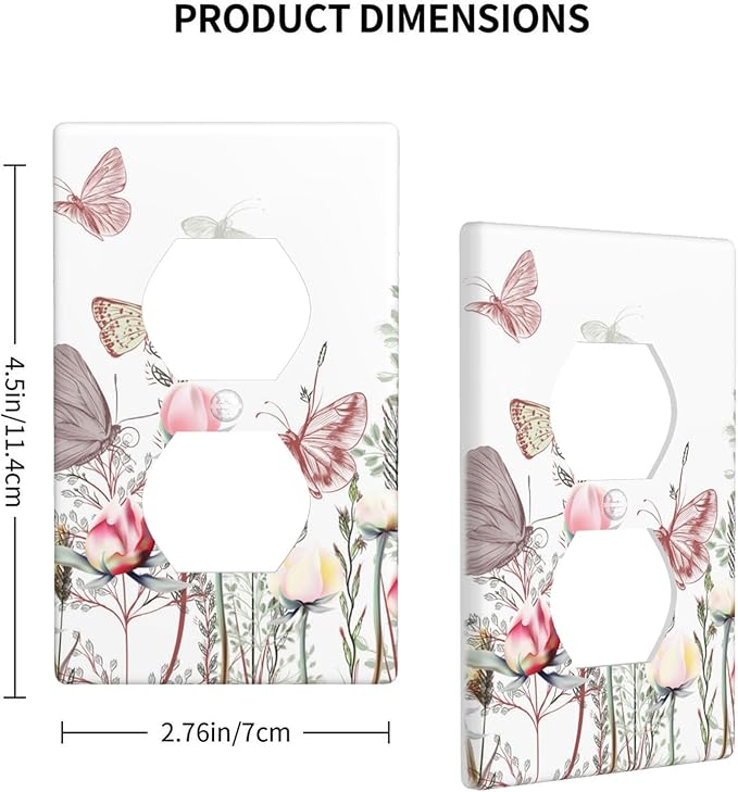 1-Gang Duplex Outlet Wall Plate, Pink Vintage Wildflower & Butterfly Printed Pattern Outlet Cover, Boho Cottage Decor for Bathroom Bedroom