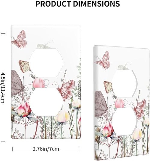 1-Gang Duplex Outlet Wall Plate, Pink Vintage Wildflower & Butterfly Printed Pattern Outlet Cover, Boho Cottage Decor for Bathroom Bedroom