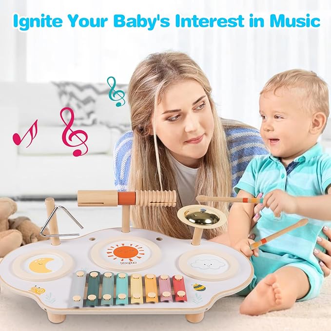 Twefex Kids Drum Set - 9 in 1 Baby Drum Set for Toddlers - Montessori Musical Instruments Toy for Babies - Wooden Xylophone Musical Toys for Boys and Girls