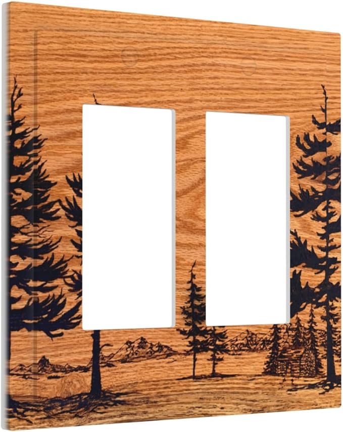 Pine Forest Natural Scenery Silhouette Wood Grain Decorative Outlet Covers 2 Gang Double GFCI Rocker Electrical Wall Panels Light Switch Cover Plate for Farmhouse Home Decor