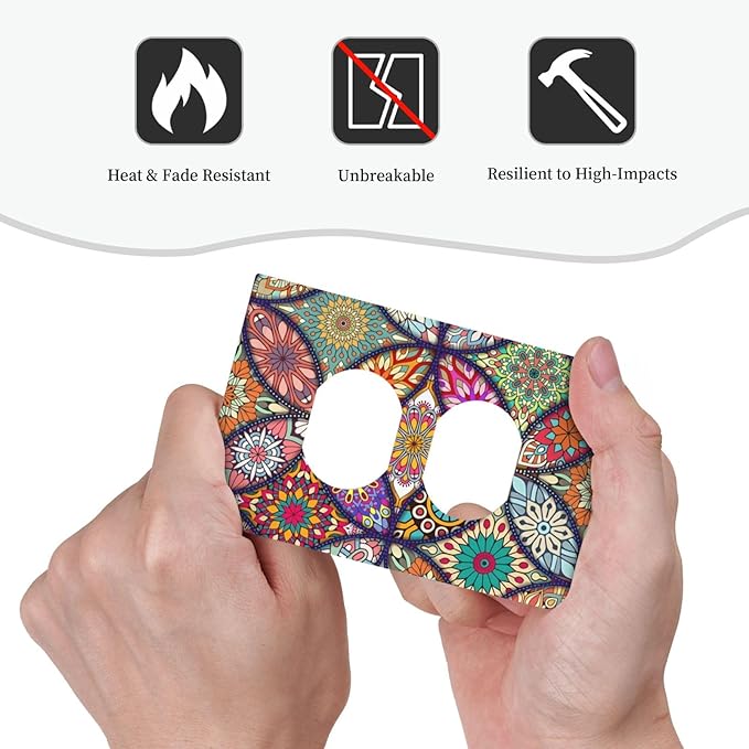 Boho Floral Pretty Colorful Mandala Flowers Outlet Covers 1 Gang Duplex Light Switch Cover Decorative Switch Plates Electrical Receptacle Faceplate Wall Plate for Bedroom Living Room Decor