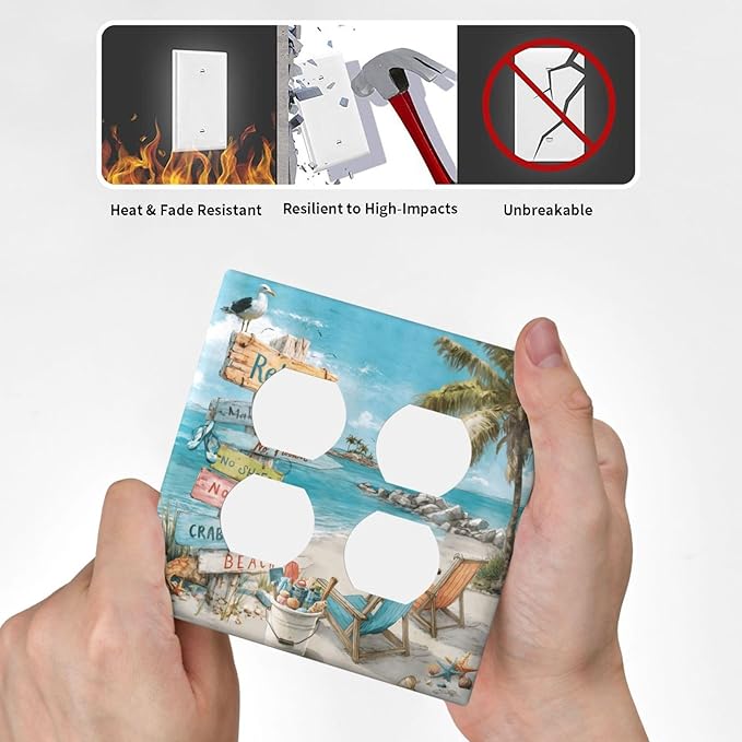 Ocean Beach Tropical Palm Tree Coastal Seaside Outlet Covers 2 Gang Double Duplex Decorative Light Switch Covers Electrical Wallplates Socket Faceplate for Kids Room Living Room Decor
