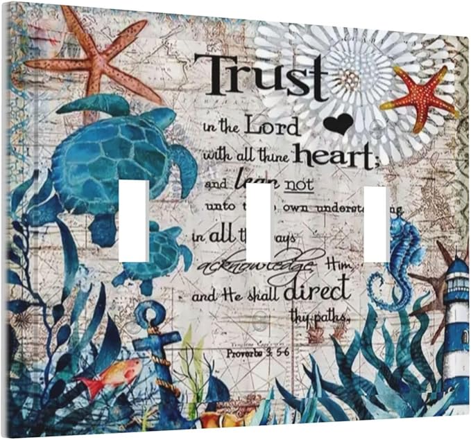 Nautical Sea Ocean Turtle Seahorse 3 Gang Light Switch Plate Decorative Triple Toggle Wall Plate Cover Electrical Faceplate for Bathroom Home Living Room Decorate