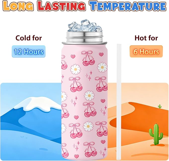 Cherry Gifts for Girls - 18oz Pink Water Bottle with Straw Lid, Stainless Steel Insulated Tumbler, Leakproof, BPA-Free, for Women, Travel - Cherry Lovers Birthday Gift Cup (1pc)