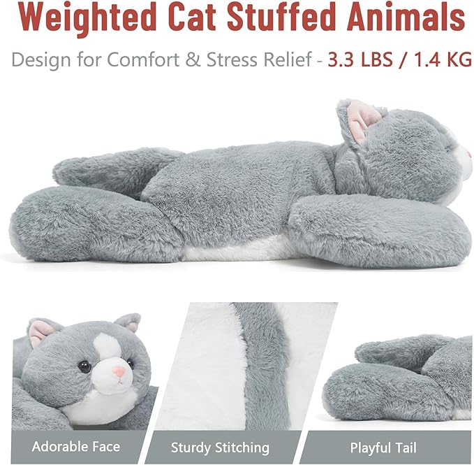 Niuniu Daddy 20" | 3.3 Pound Weighted Cat Stuffed Animals for Kids, Weighted Cat Plush Toy for Toddler Teens Adults, Large Grey Kitty Plushies Pillow with Soft Fur for Present Christmas Birthday