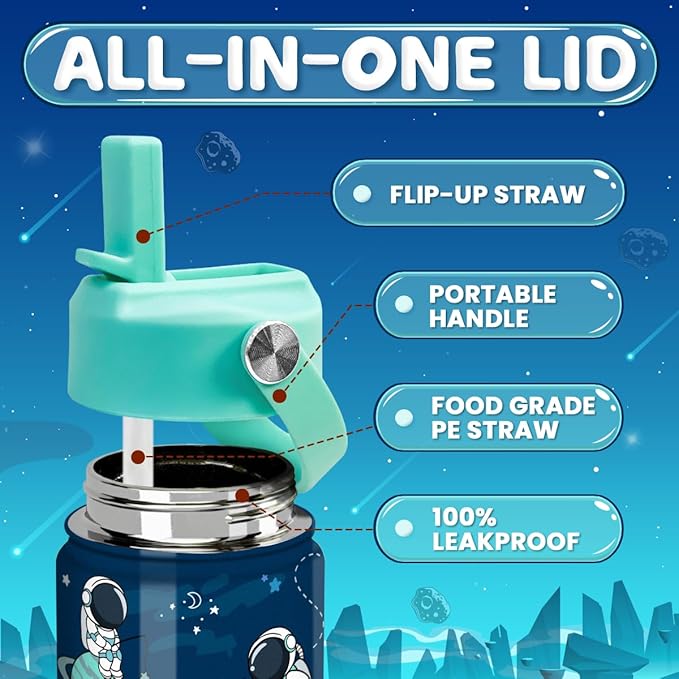 Astronaut Water Bottle - Kids Water Bottle with Straw Lid - 12 Oz Insulated Stainless Steel Water Bottles for Kid Boys - Travel Cup for School Sports