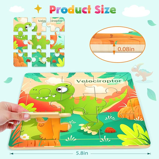 Zeoddler Wooden Puzzles for Toddlers, 8 Pack Dinosaur Jigsaw Puzzles for Kids3-5, 9 Pieces Preschool Learning Activities, Learning & Educational Puzzles, Gift for Boys, Girls