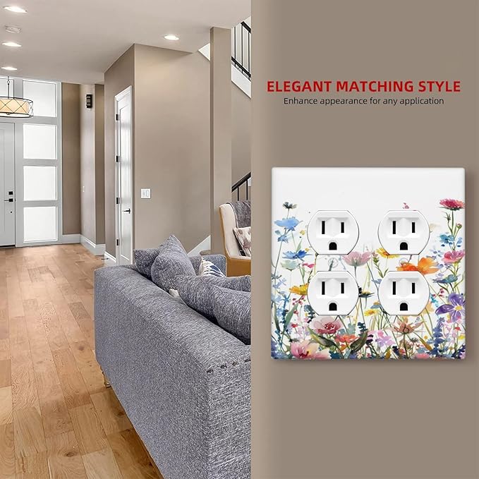 Watercolor Wildflowers Colorful Floral Plant Outlet Covers 2 Gang Double Duplex Decorative Light Switch Covers Electrical Wallplates Socket Faceplate for Bedroom Living Room Decor