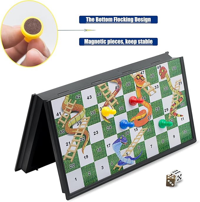 Snakes and Ladders Board Game Set -32 Centimeters, Magnetic Folding Travel Board Game for Kids (Large Size 12.6″x12.6″)