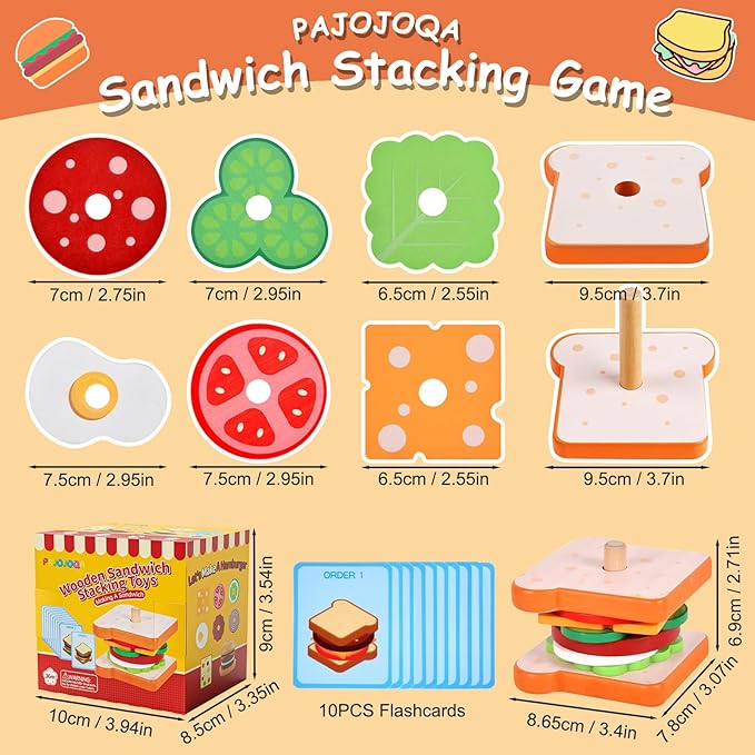 Wooden Sandwich Stacking Toys, Montessori Toys for Toddlers Kitchen Play Food Educational Preschool Learning Toys Christmas Birthday Gift Kids Toys for Boys Girls 3 4 5 Years Old (Sandwich)