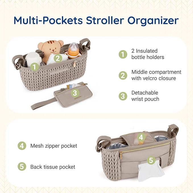 mommore Stroller Organizer with Insulated Cup Holders, Adjustable Stroller Caddy with Detachable Phone Bag, Stroller Accessories Fits for Uppababy, Doona, Jogger, Britax(Light Cafe)