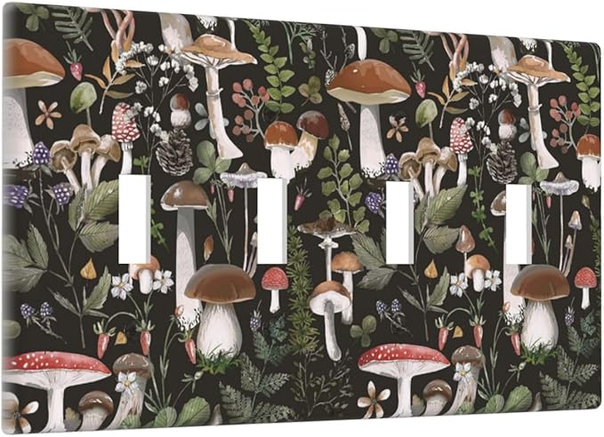 Black Boho Moth Botanic Mushroom Decorative 4 Gang Quad Toggle Light Switch Cover Electric Large Size Quadruple Faceplate Decorative Switch Face Wallplate