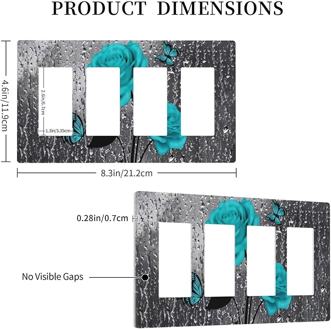 Romantic Elegant Butterfly Turquoise Teal Blue Grey Rose Flower Raindrop Floral 4 Gang Quad Device Screwless Decorator GFCI/Rocker Wall Plate Light Switch Dimmer Receptacle Outlet Cover Standard Size