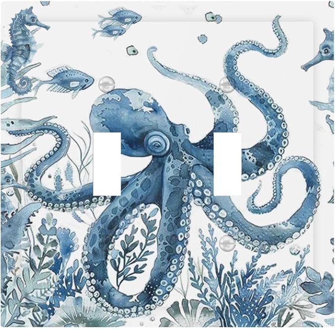 Blue Octopus Squid Seahorse Coral Watercolor Wild Sealife Decorative Switch Plates 2 Gang Double Toggle Outlet Light Switch Cover Wall Plate Electrical Faceplate for Bathroom Kids Room Decor