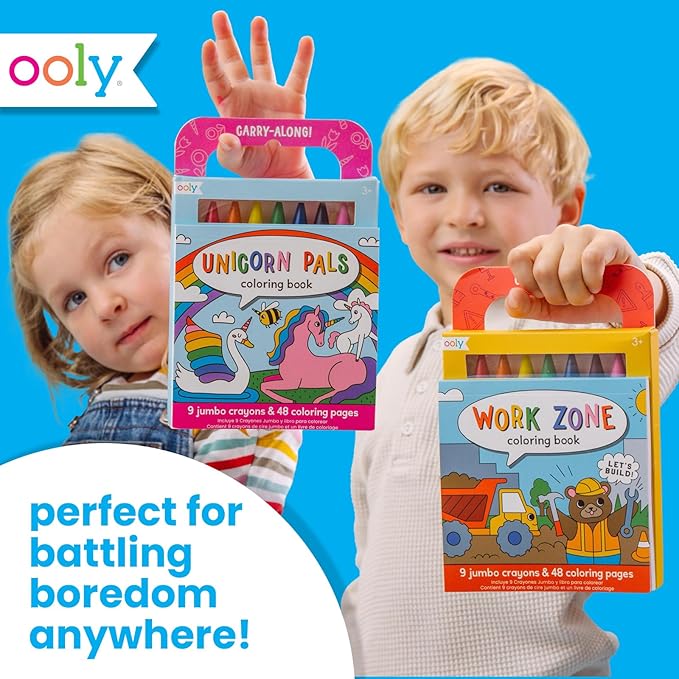 Ooly Travel Art Kit with 9 Jumbo Crayons & 48 Themed Coloring Pages & Case for Easy Traveling Art Creation, Perfect Airplane & Road Trip Activities for Kids - Unicorn Pals